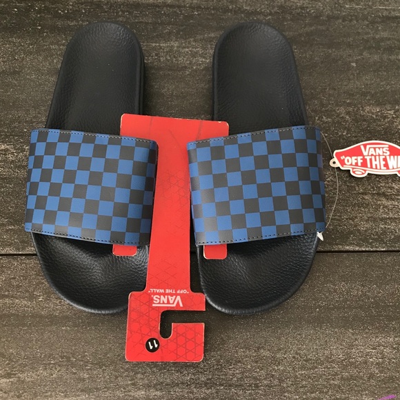 NEW Vans Checkered Black Blue Slides Sandals - Picture 3 of 5